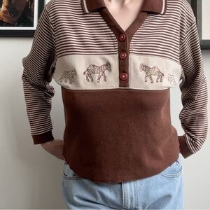 Adolfo Brown Striped Polo Sweater with Embroidered zebras and tigers